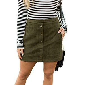 Button Front Army Green Faux Suede High Waist A-line Mini Skirt with Pocket Sz S